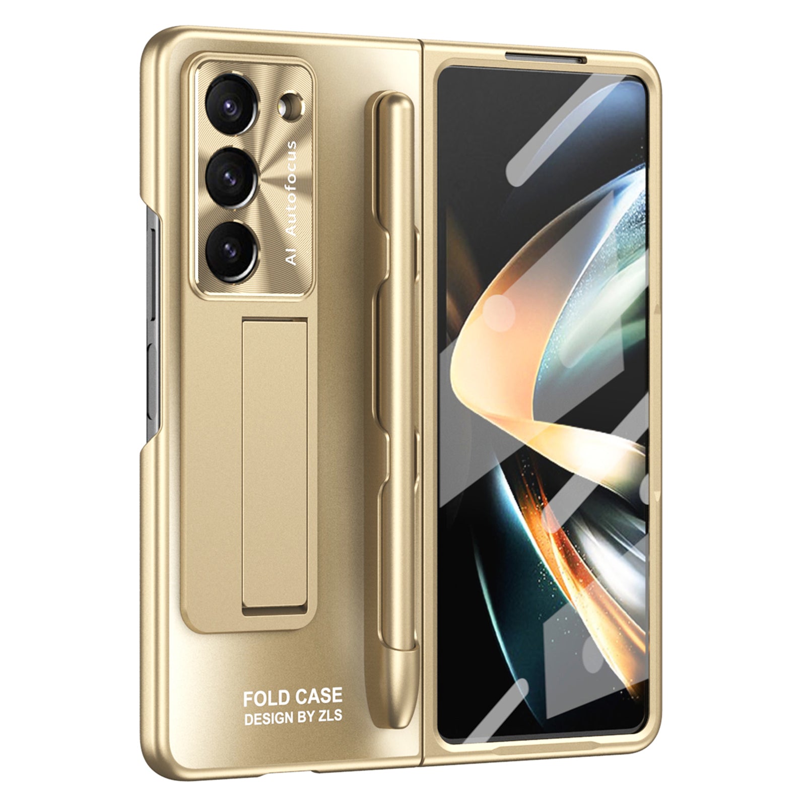 For Samsung Galaxy Z Fold6 5G AG Case Kickstand Matte PC Phone Cover with Tempered Glass Film / Stylus Pen - Champagne Gold
