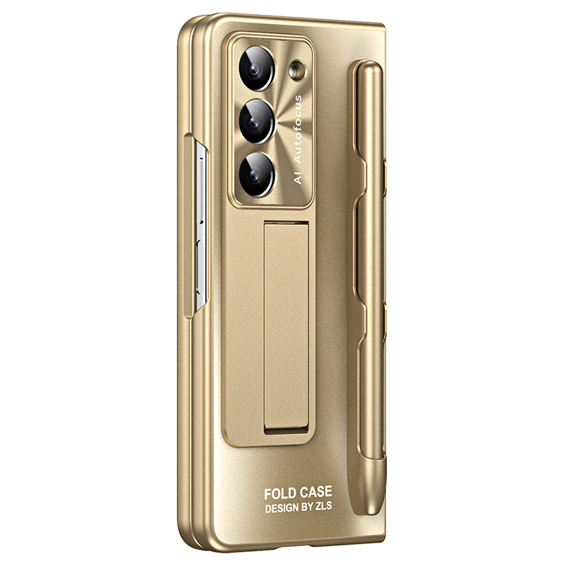 For Samsung Galaxy Z Fold6 5G AG Case Kickstand Matte PC Phone Cover with Tempered Glass Film / Stylus Pen - Champagne Gold