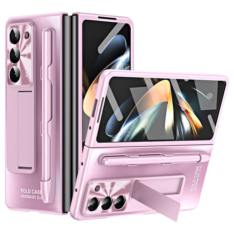 For Samsung Galaxy Z Fold6 5G AG Case Kickstand Matte PC Phone Cover with Tempered Glass Film / Stylus Pen - Pink