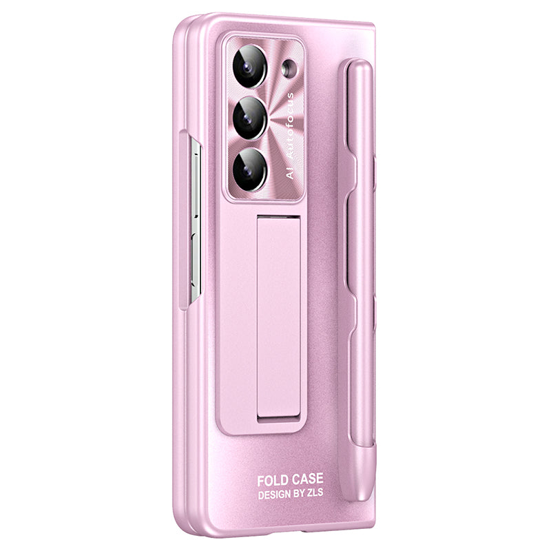 For Samsung Galaxy Z Fold6 5G AG Case Kickstand Matte PC Phone Cover with Tempered Glass Film / Stylus Pen - Pink