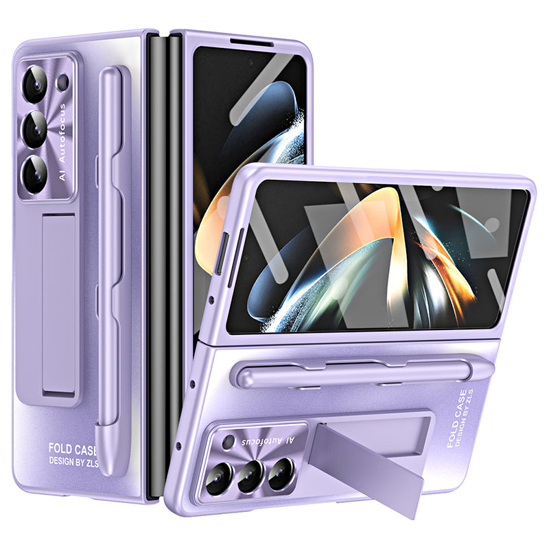 For Samsung Galaxy Z Fold6 5G AG Case Kickstand Matte PC Phone Cover with Tempered Glass Film / Stylus Pen - Purple