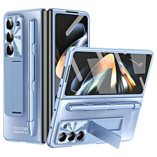 For Samsung Galaxy Z Fold6 5G AG Case Kickstand Matte PC Phone Cover with Tempered Glass Film / Stylus Pen - Blue