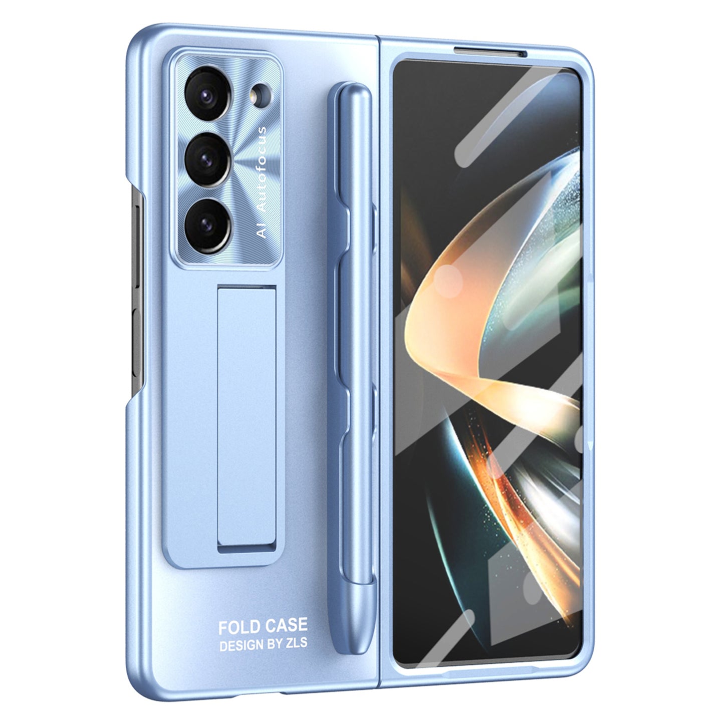 For Samsung Galaxy Z Fold6 5G AG Case Kickstand Matte PC Phone Cover with Tempered Glass Film / Stylus Pen - Blue