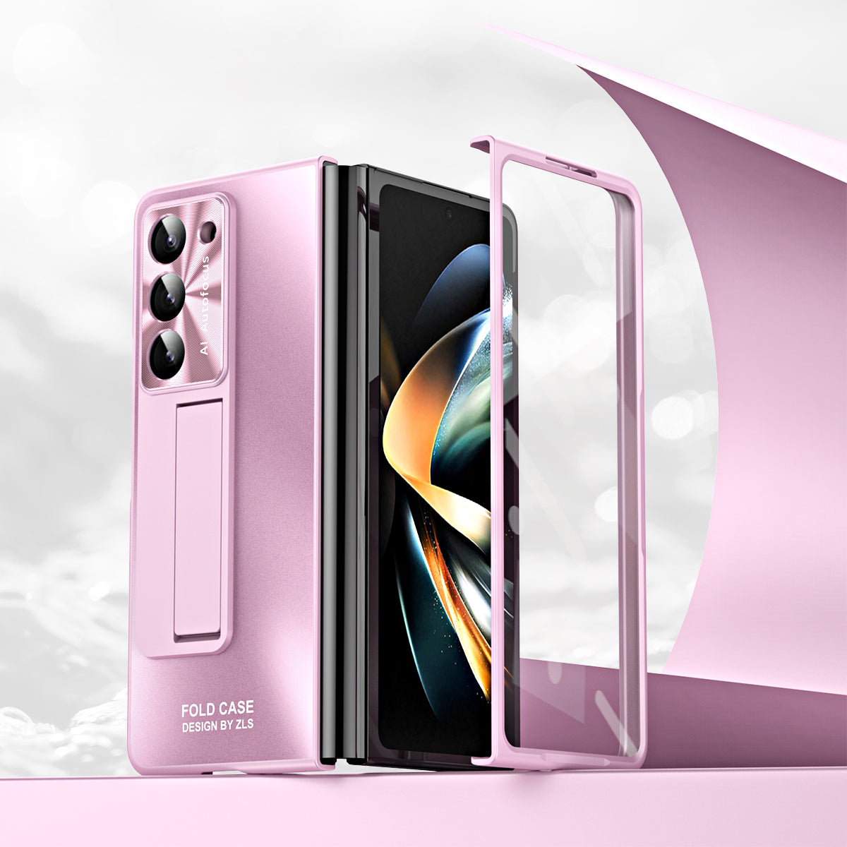 For Samsung Galaxy Z Fold6 5G Case Matte Kickstand PC Phone Cover with Tempered Glass Screen Protector - Pink