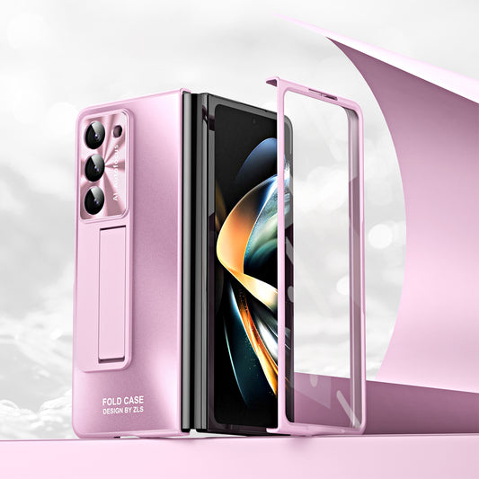 For Samsung Galaxy Z Fold6 5G Case Matte Kickstand PC Phone Cover with Tempered Glass Screen Protector - Pink