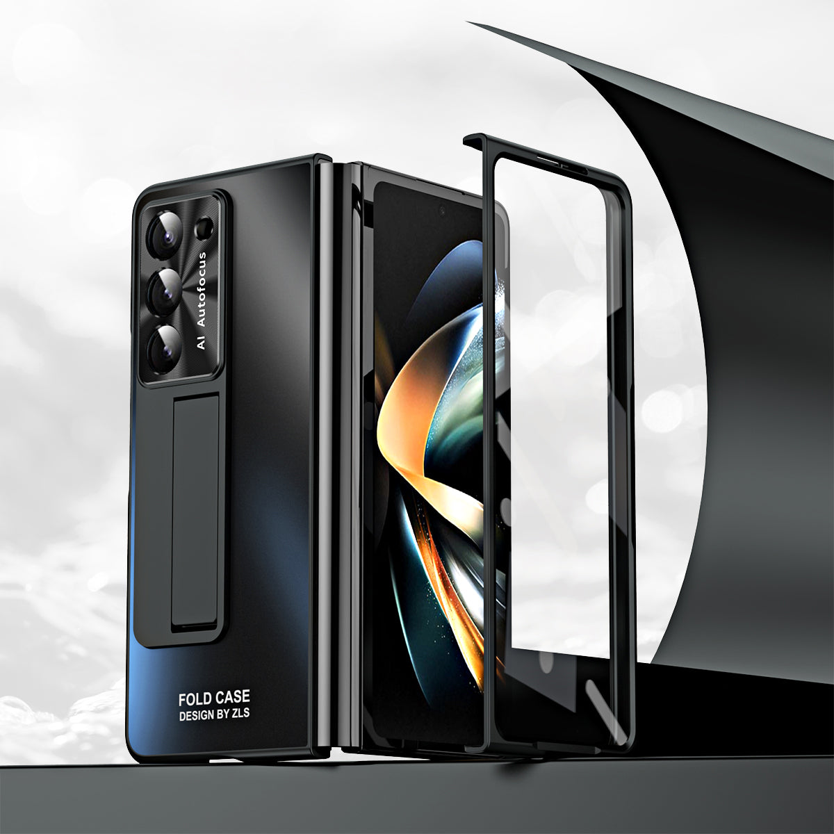 For Samsung Galaxy Z Fold6 5G Case Matte Kickstand PC Phone Cover with Tempered Glass Screen Protector - Black