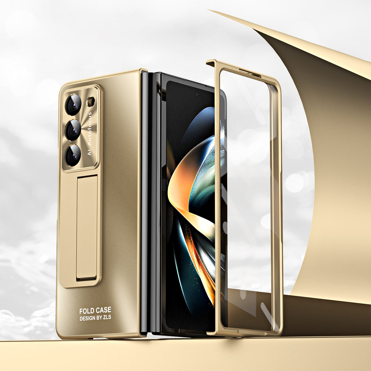 For Samsung Galaxy Z Fold6 5G Case Matte Kickstand PC Phone Cover with Tempered Glass Screen Protector - Champagne Gold
