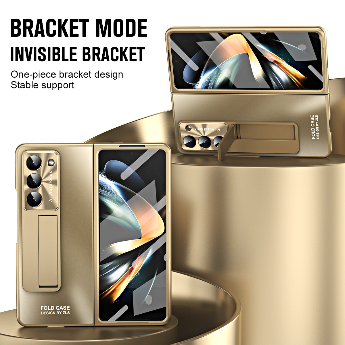 For Samsung Galaxy Z Fold6 5G Case Matte Kickstand PC Phone Cover with Tempered Glass Screen Protector - Champagne Gold