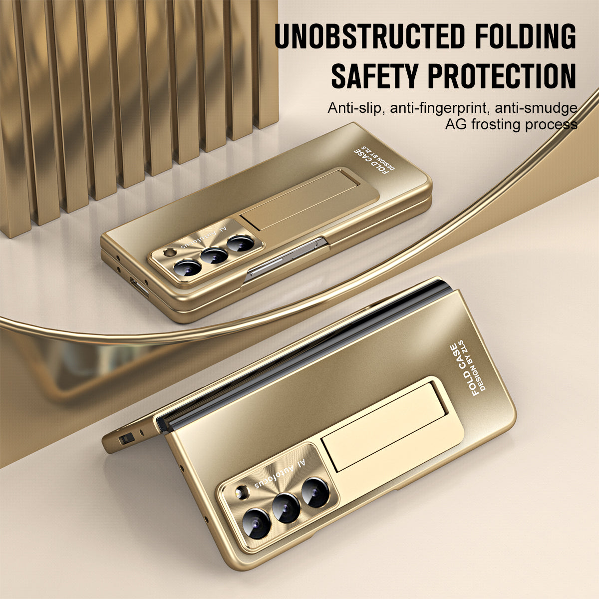For Samsung Galaxy Z Fold6 5G Case Matte Kickstand PC Phone Cover with Tempered Glass Screen Protector - Champagne Gold