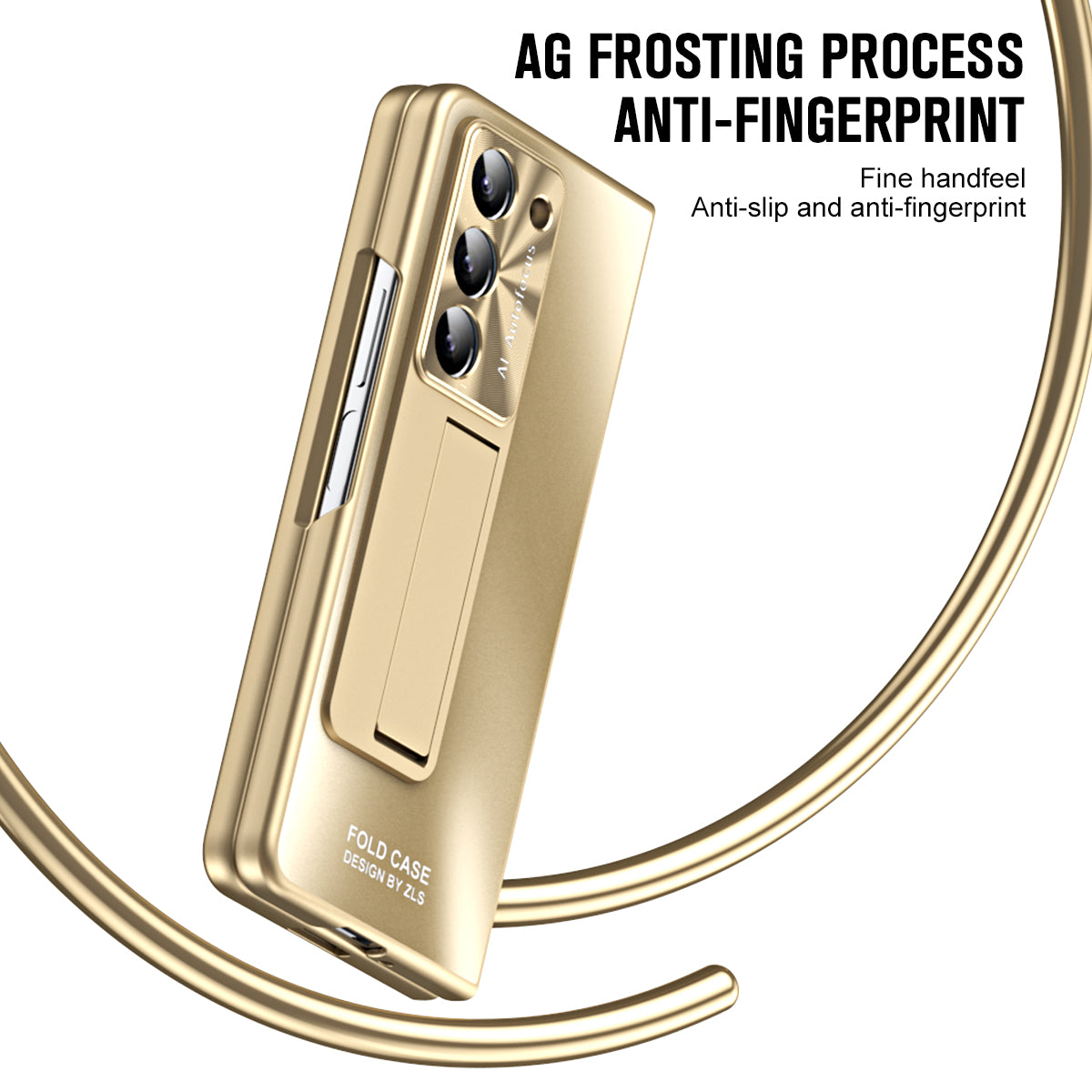 For Samsung Galaxy Z Fold6 5G Case Matte Kickstand PC Phone Cover with Tempered Glass Screen Protector - Champagne Gold
