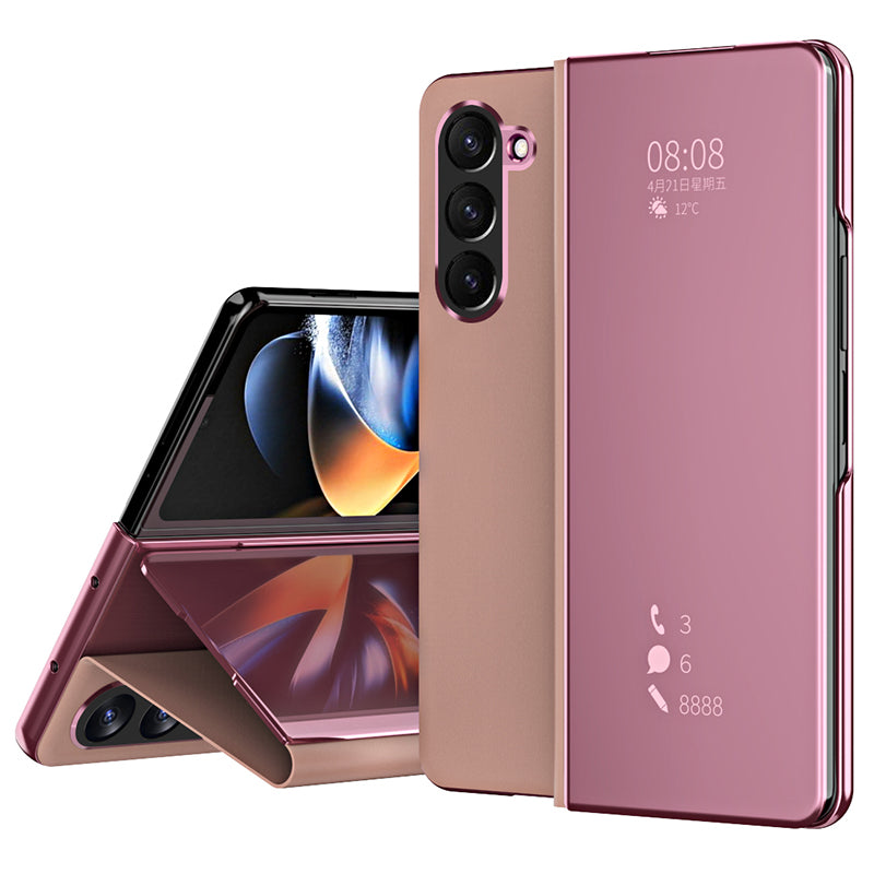 For Samsung Galaxy Z Fold6 5G Case Electroplating View Window Stand Leather Phone Cover - Pink
