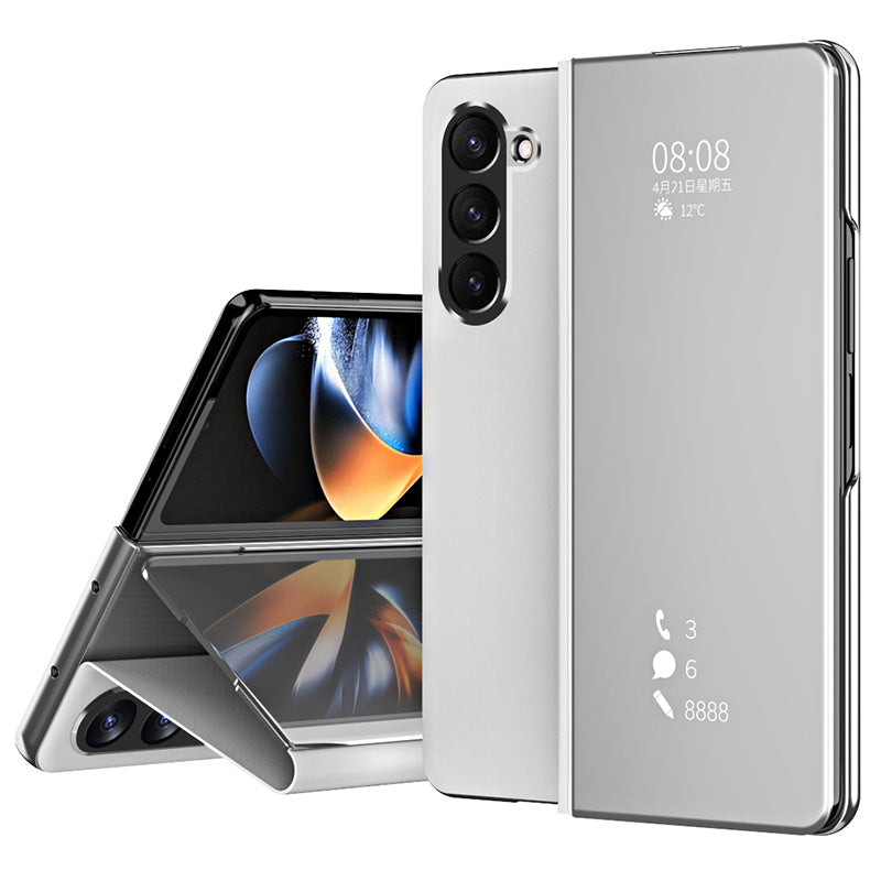 For Samsung Galaxy Z Fold6 5G Case Electroplating View Window Stand Leather Phone Cover - Silver