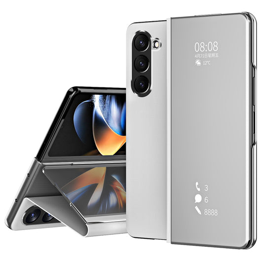 For Samsung Galaxy Z Fold6 5G Case Electroplating View Window Stand Leather Phone Cover - Silver