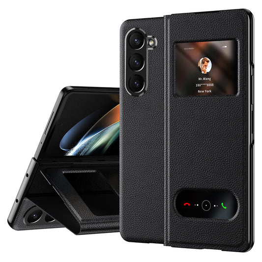 For Samsung Galaxy Z Fold6 5G Case PU Leather Litchi Texture Phone Cover View Window - Black