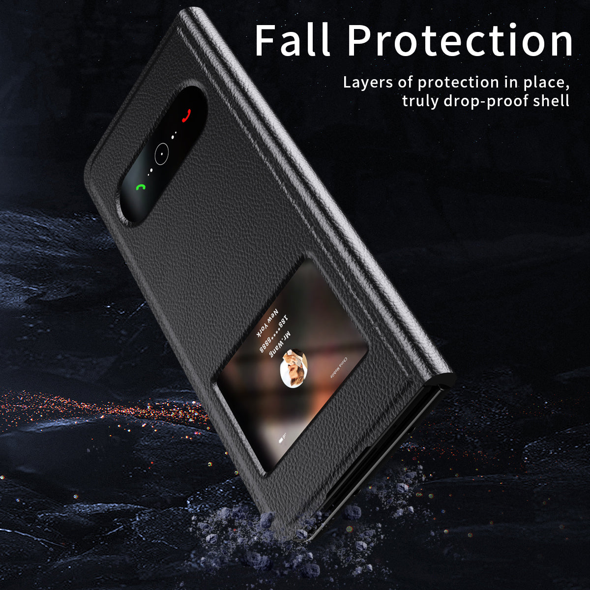 For Samsung Galaxy Z Fold6 5G Case PU Leather Litchi Texture Phone Cover View Window - Black