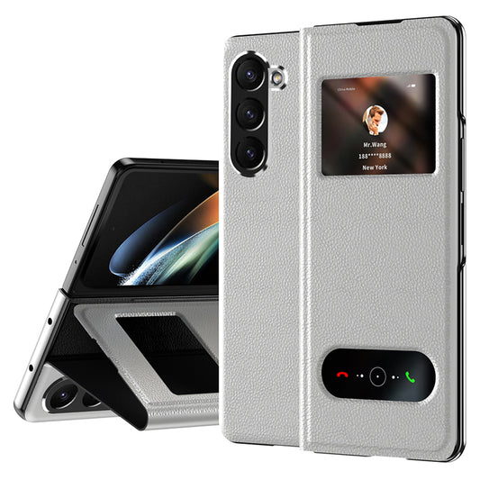 For Samsung Galaxy Z Fold6 5G Case PU Leather Litchi Texture Phone Cover View Window - White