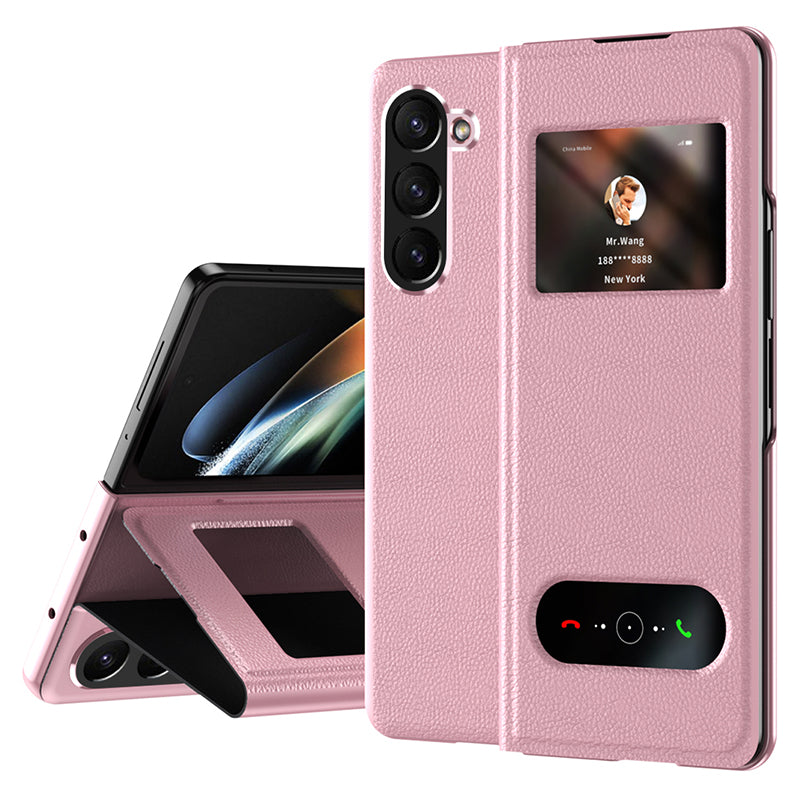 For Samsung Galaxy Z Fold6 5G Case PU Leather Litchi Texture Phone Cover View Window - Pink
