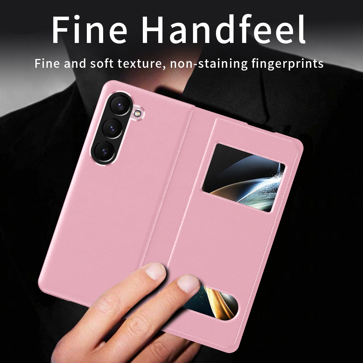 For Samsung Galaxy Z Fold6 5G Case PU Leather Litchi Texture Phone Cover View Window - Pink