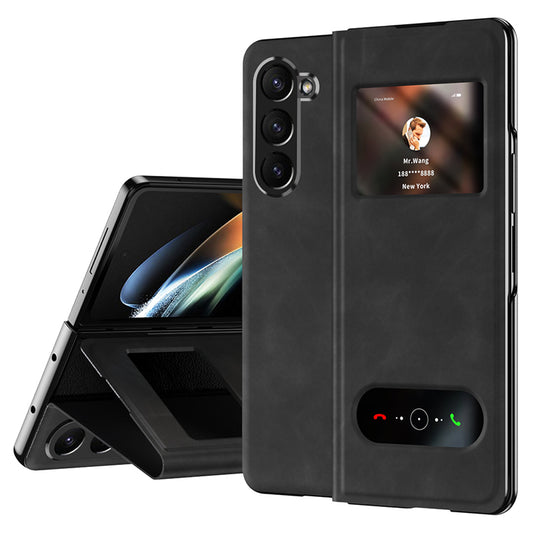 For Samsung Galaxy Z Fold6 5G Case Skin-Touch PU Leather View Window Phone Cover - Black