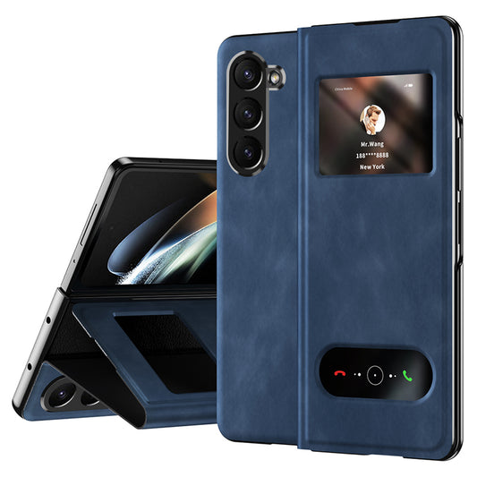 For Samsung Galaxy Z Fold6 5G Case Skin-touch PU Leather View Window Phone Cover - Blue