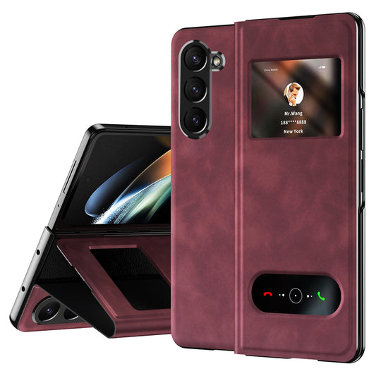 For Samsung Galaxy Z Fold6 5G Case Skin-touch PU Leather View Window Phone Cover - Red