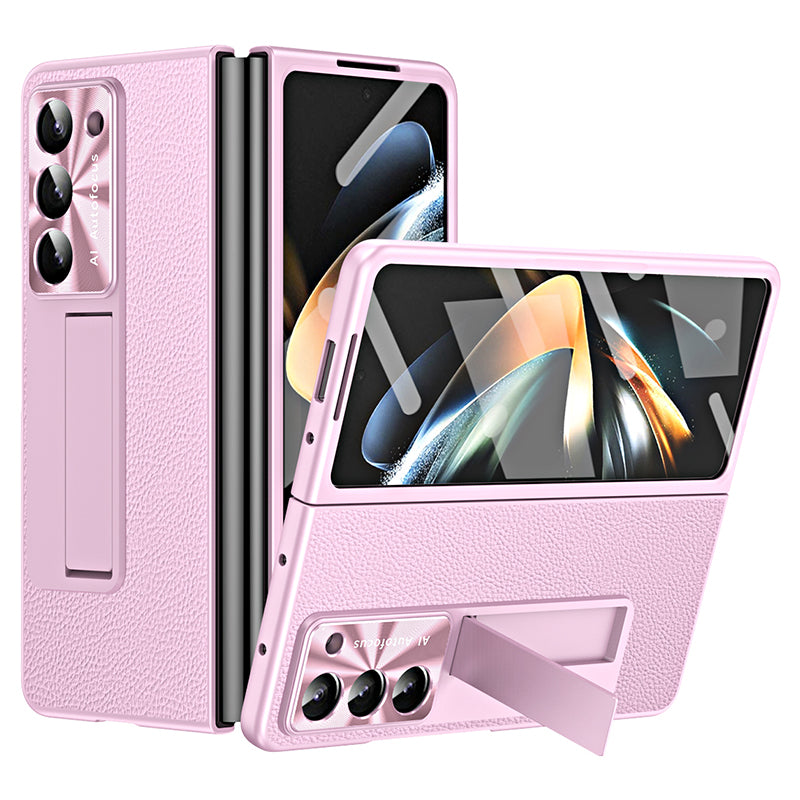 For Samsung Galaxy Z Fold6 5G Case Kickstand Leather+PC Cover with Tempered Glass Film - Pink