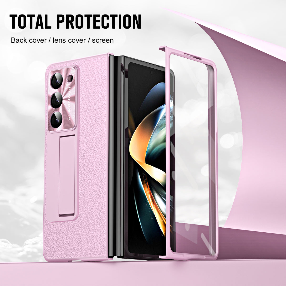 For Samsung Galaxy Z Fold6 5G Case Kickstand Leather+PC Cover with Tempered Glass Film - Pink