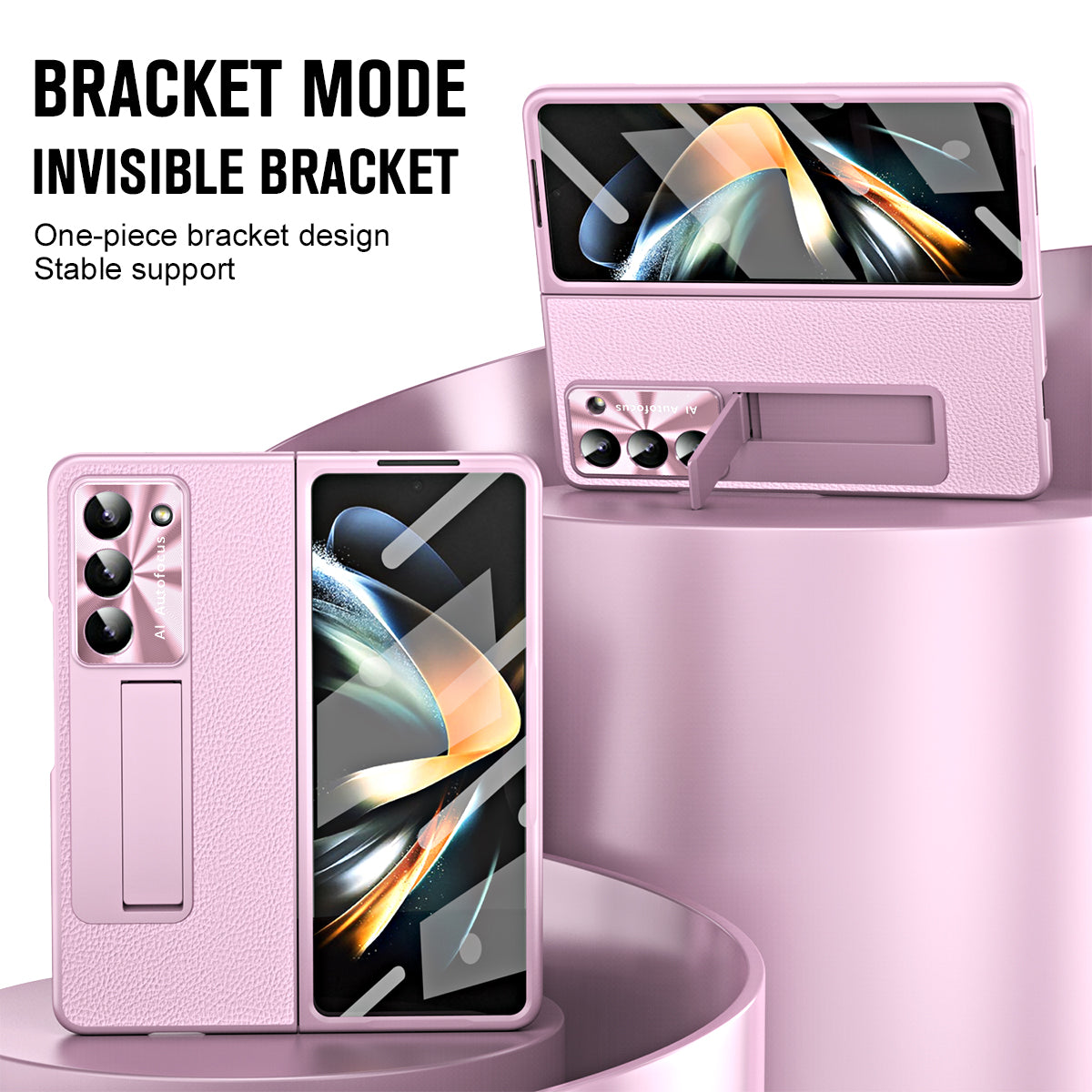 For Samsung Galaxy Z Fold6 5G Case Kickstand Leather+PC Cover with Tempered Glass Film - Pink
