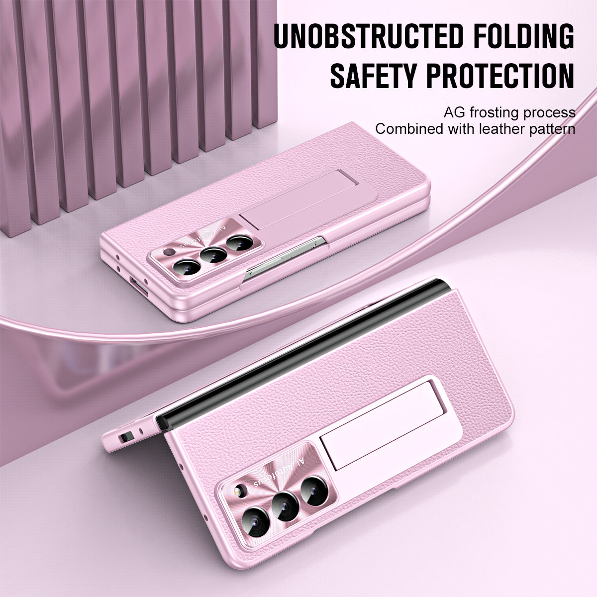 For Samsung Galaxy Z Fold6 5G Case Kickstand Leather+PC Cover with Tempered Glass Film - Pink