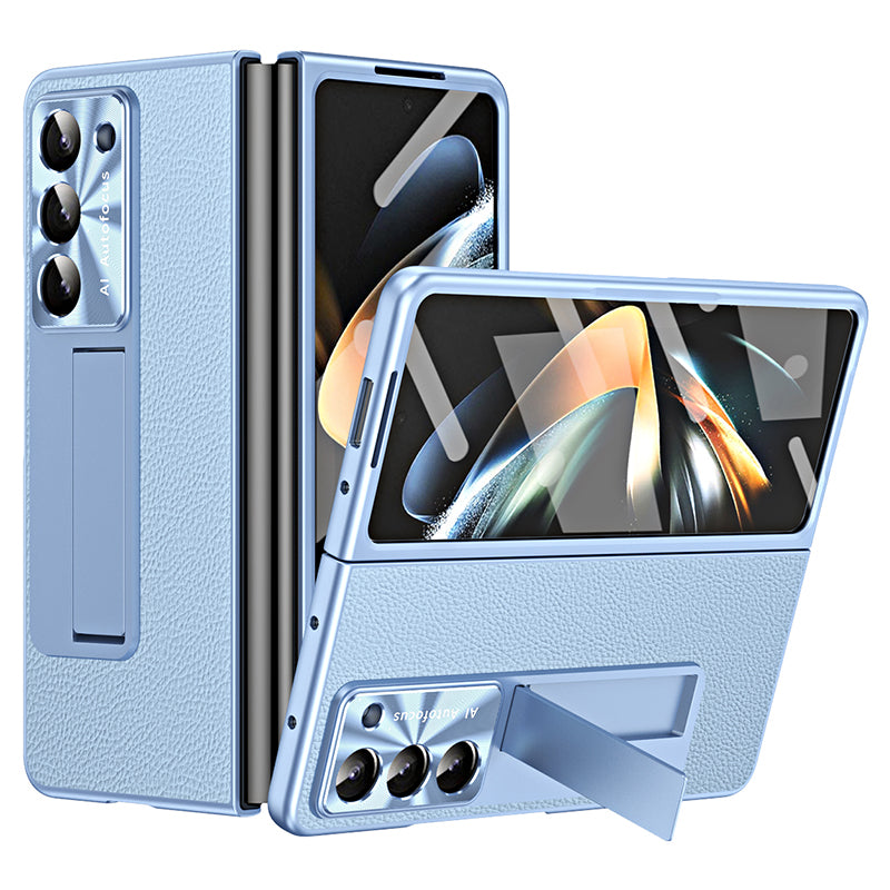 For Samsung Galaxy Z Fold6 5G Case Kickstand Leather+PC Cover with Tempered Glass Film - Blue