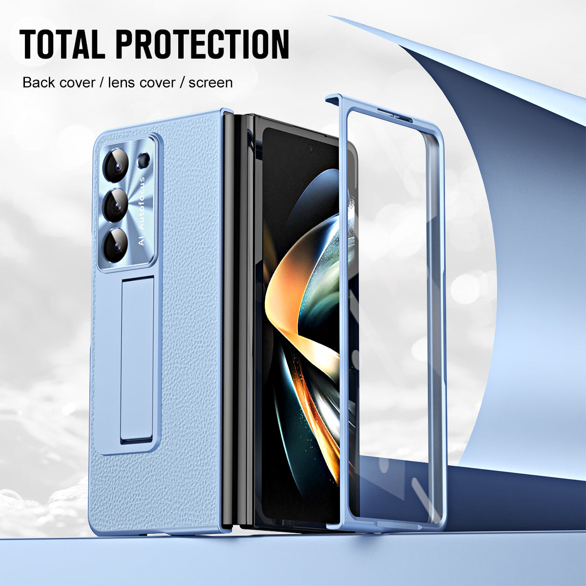 For Samsung Galaxy Z Fold6 5G Case Kickstand Leather+PC Cover with Tempered Glass Film - Blue