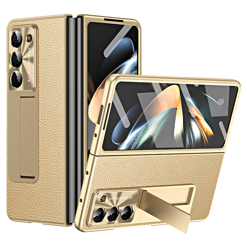 For Samsung Galaxy Z Fold6 5G Case Kickstand Leather+PC Cover with Tempered Glass Film - Champagne Gold