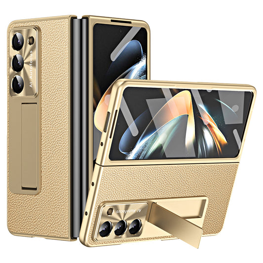 For Samsung Galaxy Z Fold6 5G Case Kickstand Leather+PC Cover with Tempered Glass Film - Champagne Gold