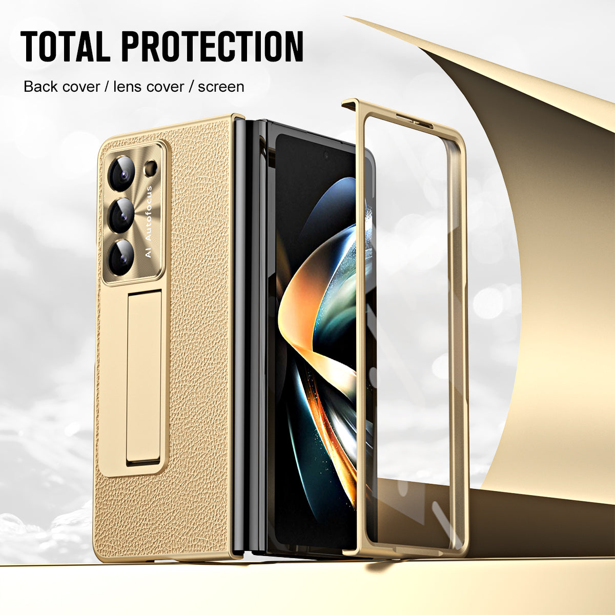 For Samsung Galaxy Z Fold6 5G Case Kickstand Leather+PC Cover with Tempered Glass Film - Champagne Gold