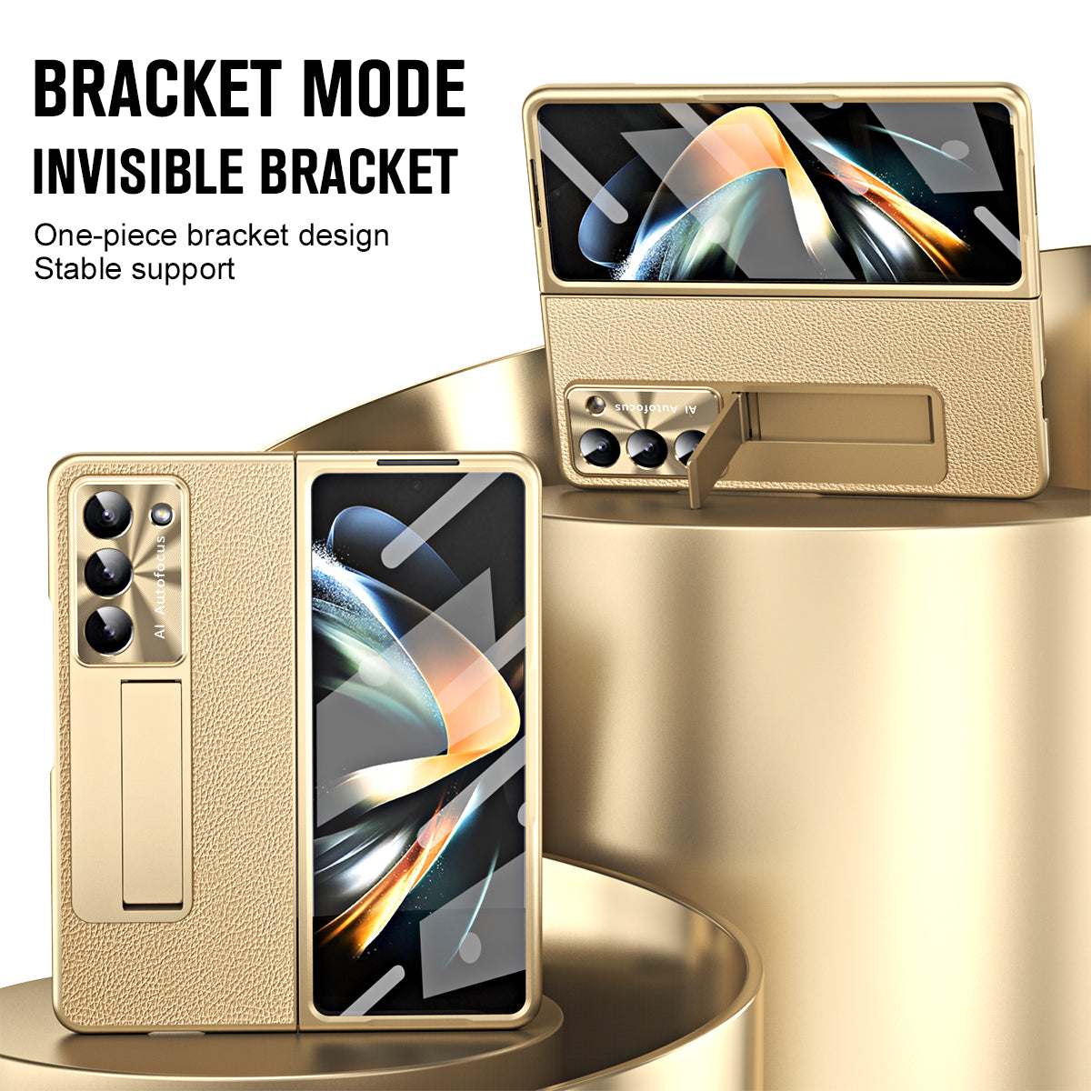 For Samsung Galaxy Z Fold6 5G Case Kickstand Leather+PC Cover with Tempered Glass Film - Champagne Gold