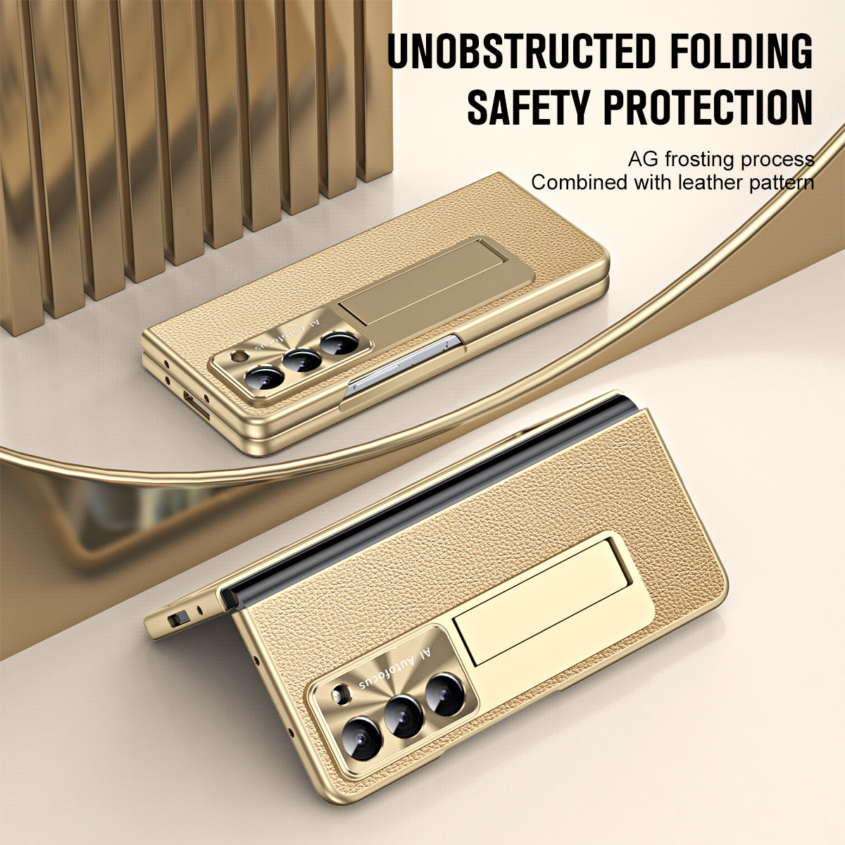 For Samsung Galaxy Z Fold6 5G Case Kickstand Leather+PC Cover with Tempered Glass Film - Champagne Gold