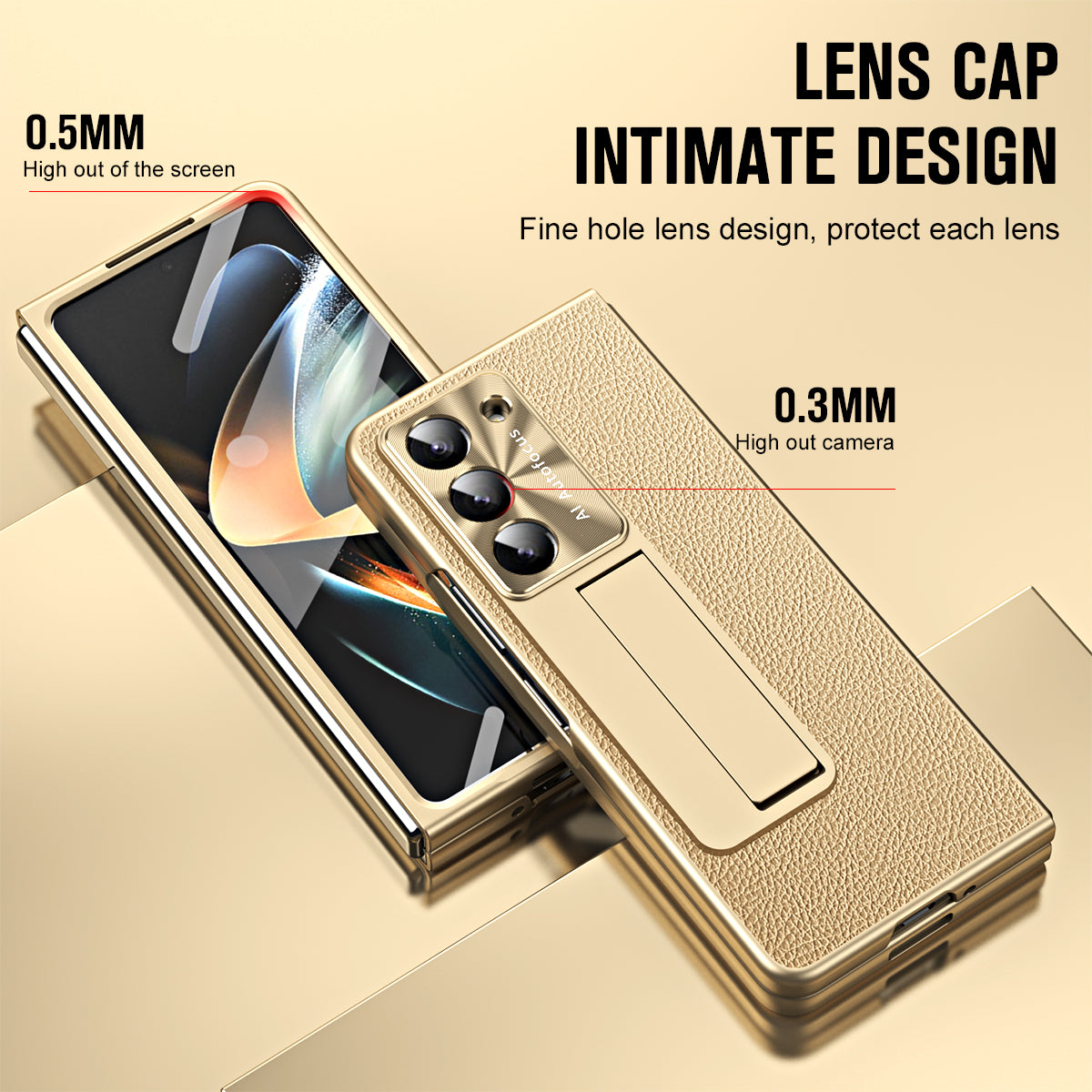 For Samsung Galaxy Z Fold6 5G Case Kickstand Leather+PC Cover with Tempered Glass Film - Champagne Gold