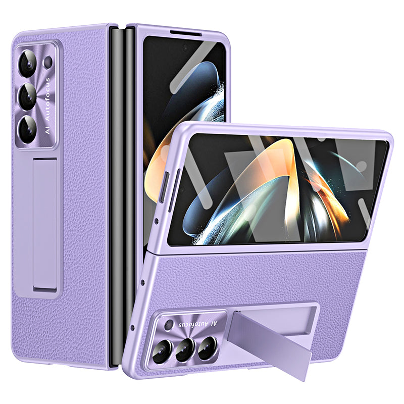 For Samsung Galaxy Z Fold6 5G Case Kickstand Leather+PC Cover with Tempered Glass Film - Purple