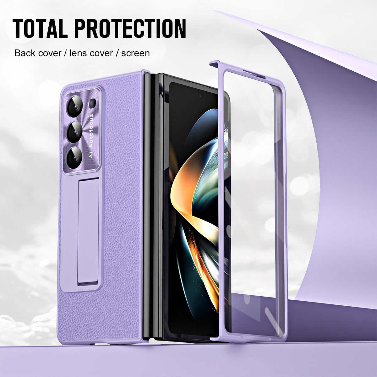For Samsung Galaxy Z Fold6 5G Case Kickstand Leather+PC Cover with Tempered Glass Film - Purple