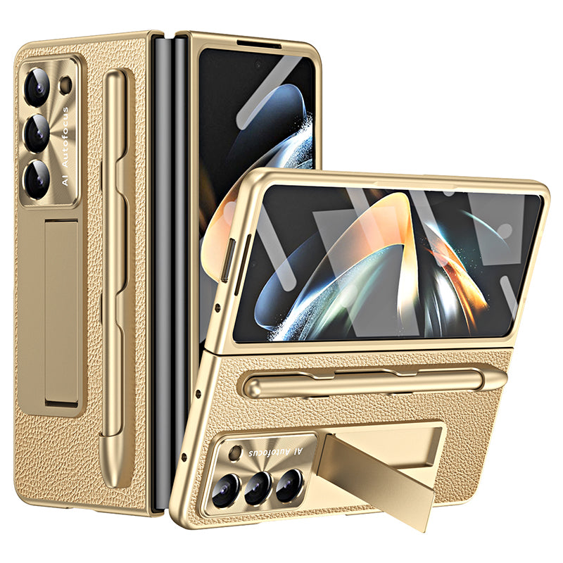 For Samsung Galaxy Z Fold6 5G Case Kickstand Leather+PC Hard Phone Cover with Screen Film and Stylus - Champagne Gold