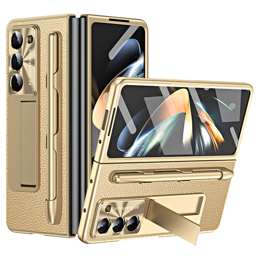 For Samsung Galaxy Z Fold6 5G Case Kickstand Leather+PC Hard Phone Cover with Screen Film and Stylus - Champagne Gold