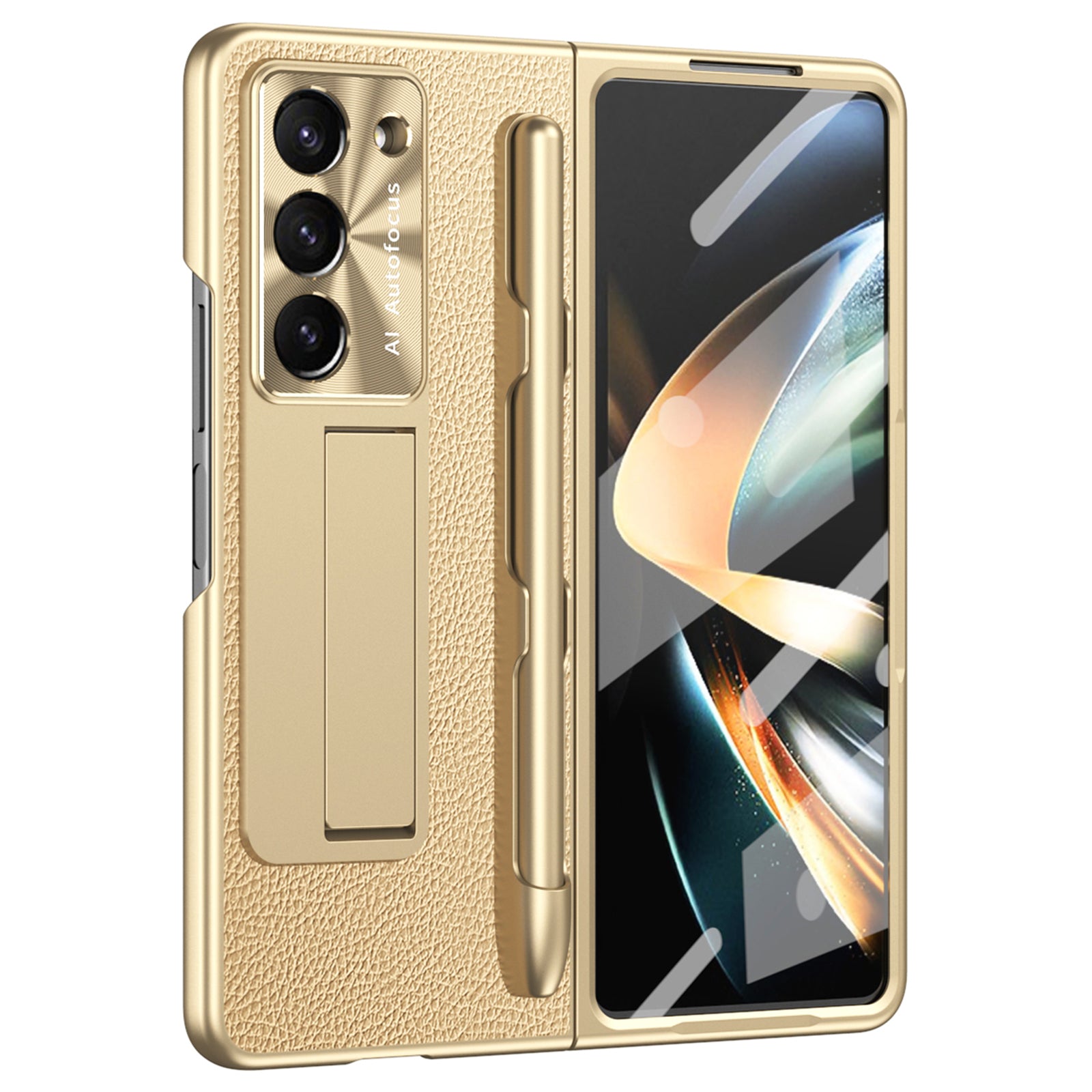 For Samsung Galaxy Z Fold6 5G Case Kickstand Leather+PC Hard Phone Cover with Screen Film and Stylus - Champagne Gold
