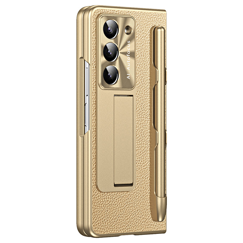 For Samsung Galaxy Z Fold6 5G Case Kickstand Leather+PC Hard Phone Cover with Screen Film and Stylus - Champagne Gold