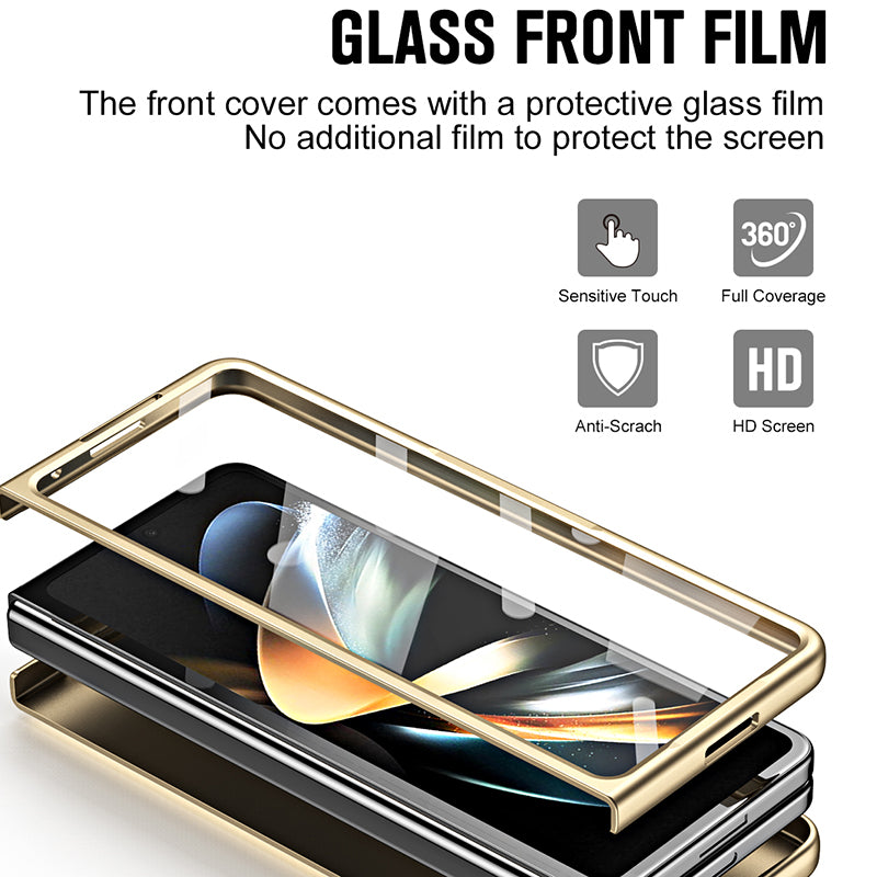 For Samsung Galaxy Z Fold6 5G Case Kickstand Leather+PC Hard Phone Cover with Screen Film and Stylus - Champagne Gold