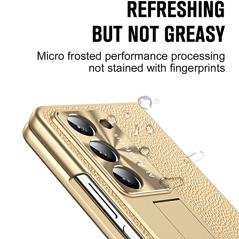 For Samsung Galaxy Z Fold6 5G Case Kickstand Leather+PC Hard Phone Cover with Screen Film and Stylus - Champagne Gold