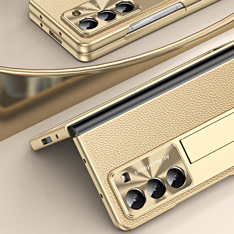 For Samsung Galaxy Z Fold6 5G Case Kickstand Leather+PC Hard Phone Cover with Screen Film and Stylus - Champagne Gold