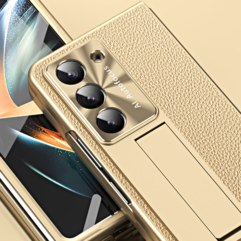 For Samsung Galaxy Z Fold6 5G Case Kickstand Leather+PC Hard Phone Cover with Screen Film and Stylus - Champagne Gold