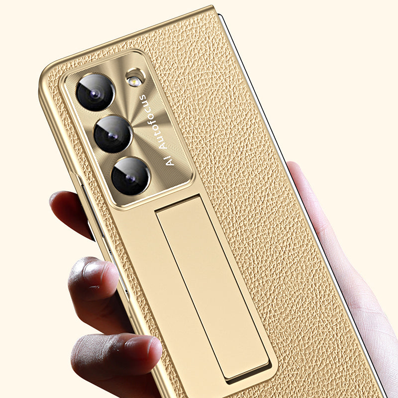 For Samsung Galaxy Z Fold6 5G Case Kickstand Leather+PC Hard Phone Cover with Screen Film and Stylus - Champagne Gold