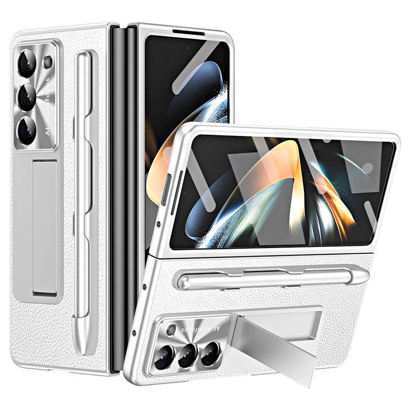 For Samsung Galaxy Z Fold6 5G Case Kickstand Leather+PC Hard Phone Cover with Screen Film and Stylus - Silver