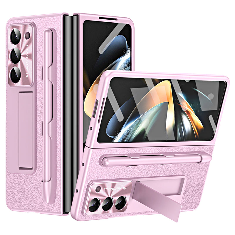 For Samsung Galaxy Z Fold6 5G Case Kickstand Leather+PC Hard Phone Cover with Screen Film and Stylus - Pink